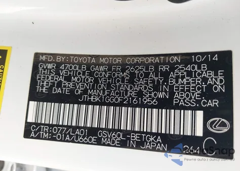 2015 Lexus Es 350 z USA, uszkodzony, nr VIN JTHBK1GG0F2161956